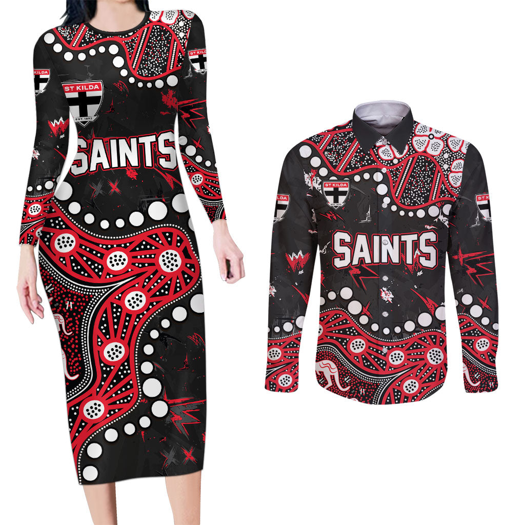 Personalized St Kilda Saints Couples Matching Long Sleeve Bodycon Dress and Long Sleeve Button Shirt Aboriginal Pattern with Graffiti Style
