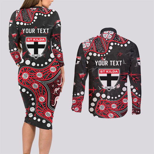 Personalized St Kilda Saints Couples Matching Long Sleeve Bodycon Dress and Long Sleeve Button Shirt Aboriginal Pattern with Graffiti Style