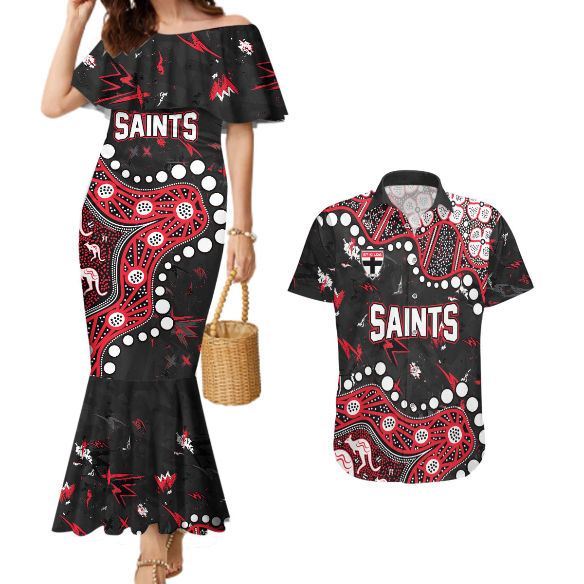 Personalized St Kilda Saints Couples Matching Mermaid Dress and Hawaiian Shirt Aboriginal Pattern with Graffiti Style