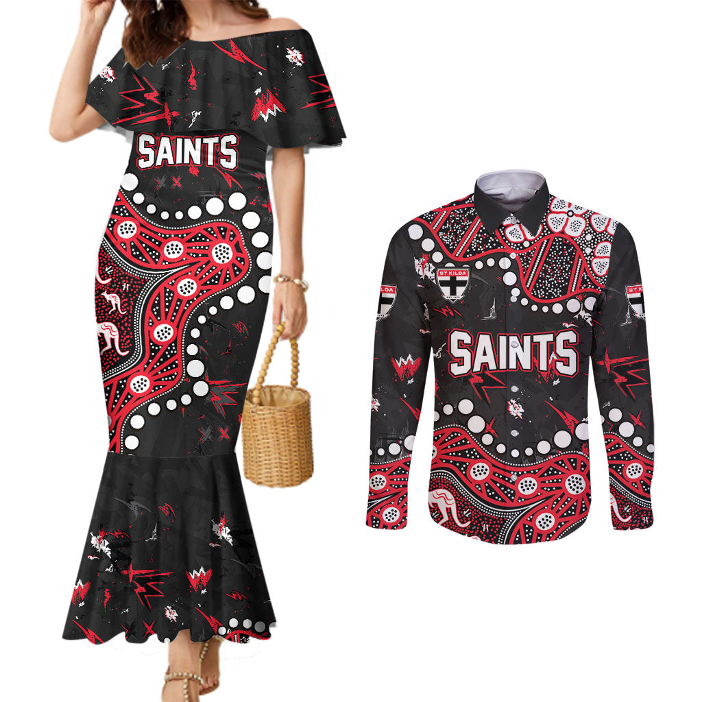 Personalized St Kilda Saints Couples Matching Mermaid Dress and Long Sleeve Button Shirt Aboriginal Pattern with Graffiti Style