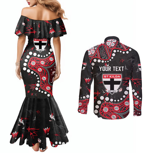Personalized St Kilda Saints Couples Matching Mermaid Dress and Long Sleeve Button Shirt Aboriginal Pattern with Graffiti Style