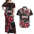 Personalized St Kilda Saints Couples Matching Off Shoulder Maxi Dress and Hawaiian Shirt Aboriginal Pattern with Graffiti Style