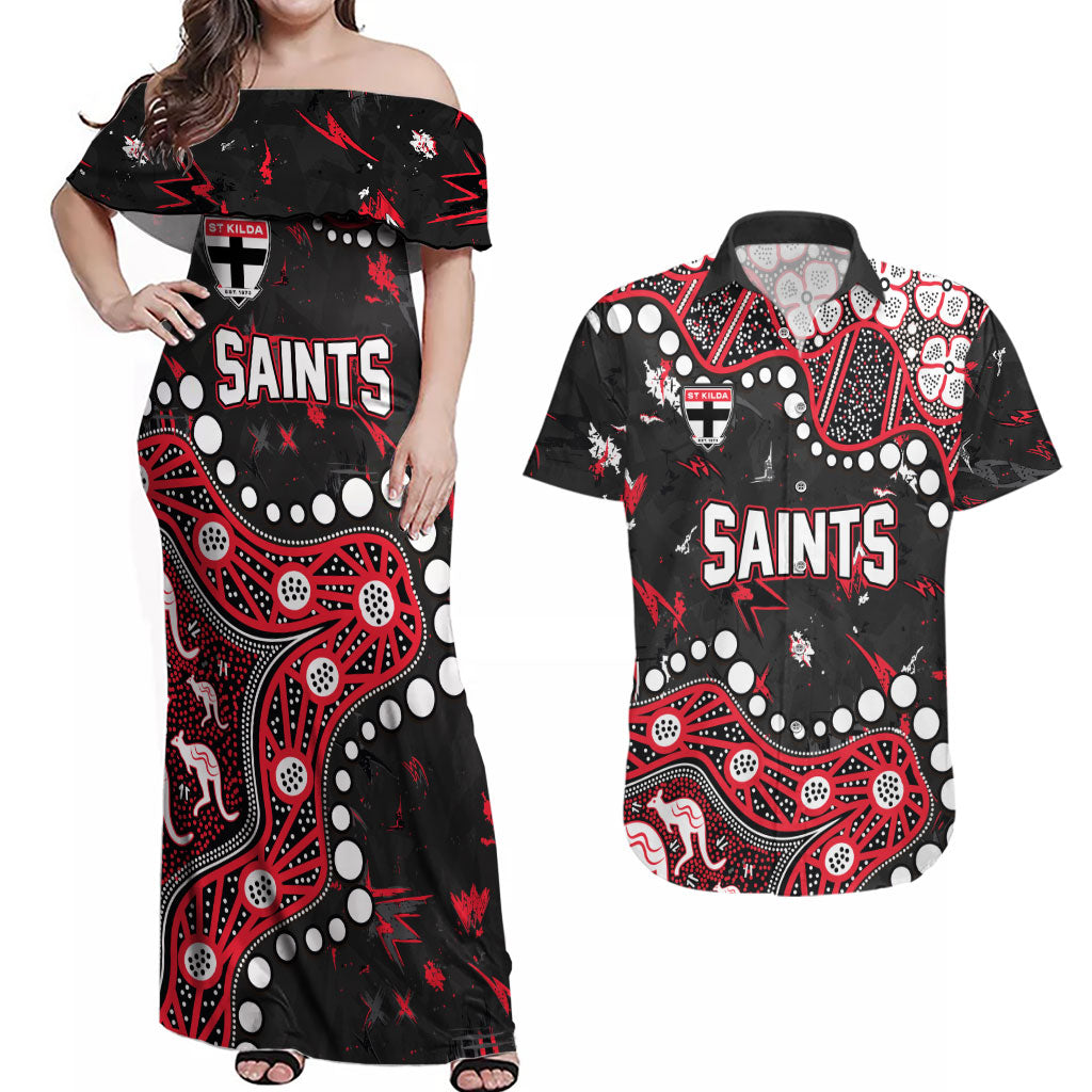 Personalized St Kilda Saints Couples Matching Off Shoulder Maxi Dress and Hawaiian Shirt Aboriginal Pattern with Graffiti Style