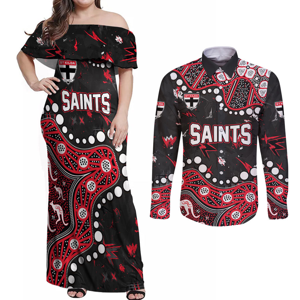 Personalized St Kilda Saints Couples Matching Off Shoulder Maxi Dress and Long Sleeve Button Shirt Aboriginal Pattern with Graffiti Style
