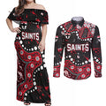 Personalized St Kilda Saints Couples Matching Off Shoulder Maxi Dress and Long Sleeve Button Shirt Aboriginal Pattern with Graffiti Style