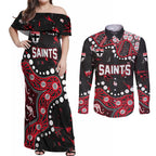 Personalized St Kilda Saints Couples Matching Off Shoulder Maxi Dress and Long Sleeve Button Shirt Aboriginal Pattern with Graffiti Style