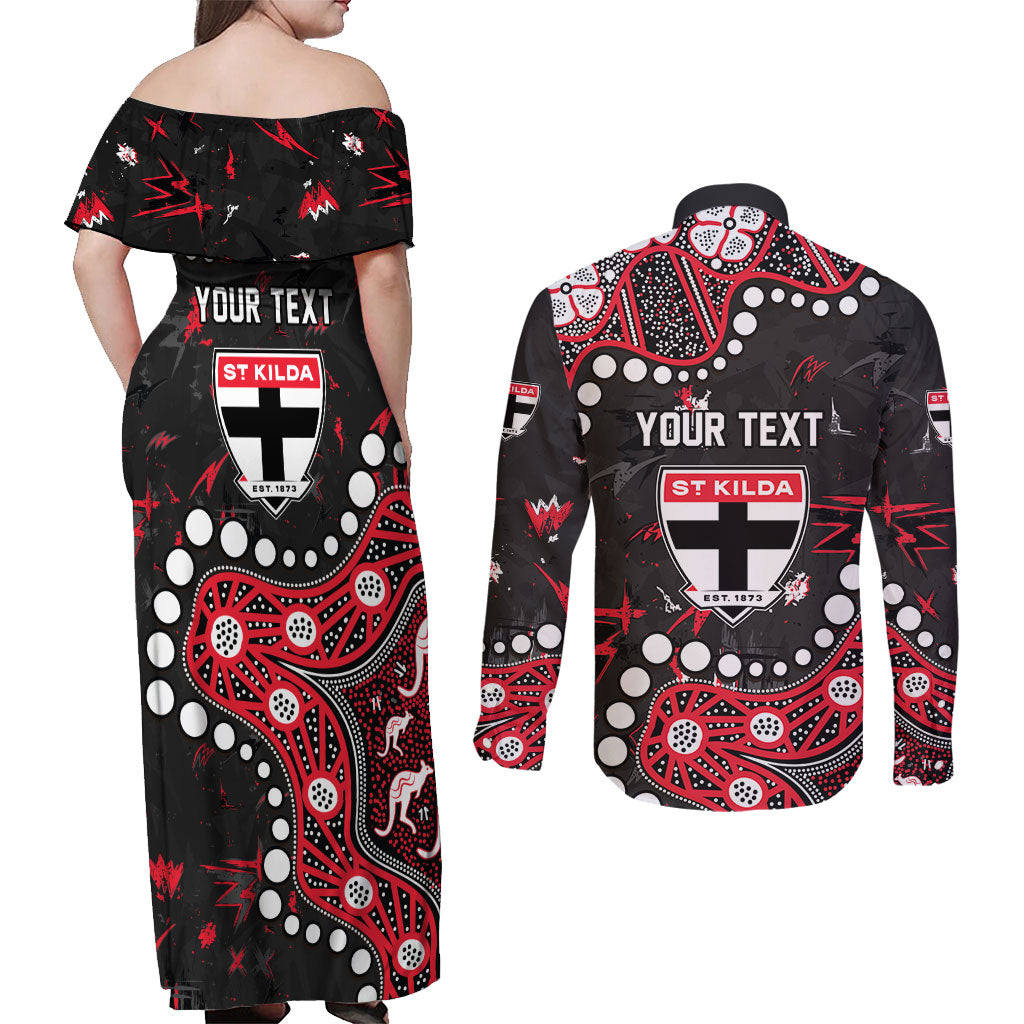 Personalized St Kilda Saints Couples Matching Off Shoulder Maxi Dress and Long Sleeve Button Shirt Aboriginal Pattern with Graffiti Style