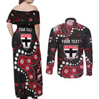 Personalized St Kilda Saints Couples Matching Off Shoulder Maxi Dress and Long Sleeve Button Shirt Aboriginal Pattern with Graffiti Style