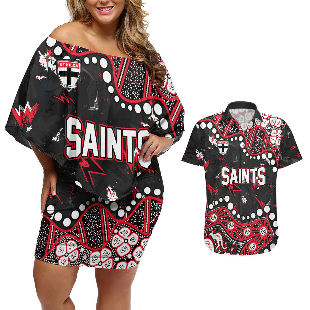 Personalized St Kilda Saints Couples Matching Off Shoulder Short Dress and Hawaiian Shirt Aboriginal Pattern with Graffiti Style