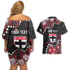 Personalized St Kilda Saints Couples Matching Off Shoulder Short Dress and Hawaiian Shirt Aboriginal Pattern with Graffiti Style