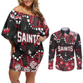 Personalized St Kilda Saints Couples Matching Off Shoulder Short Dress and Long Sleeve Button Shirt Aboriginal Pattern with Graffiti Style