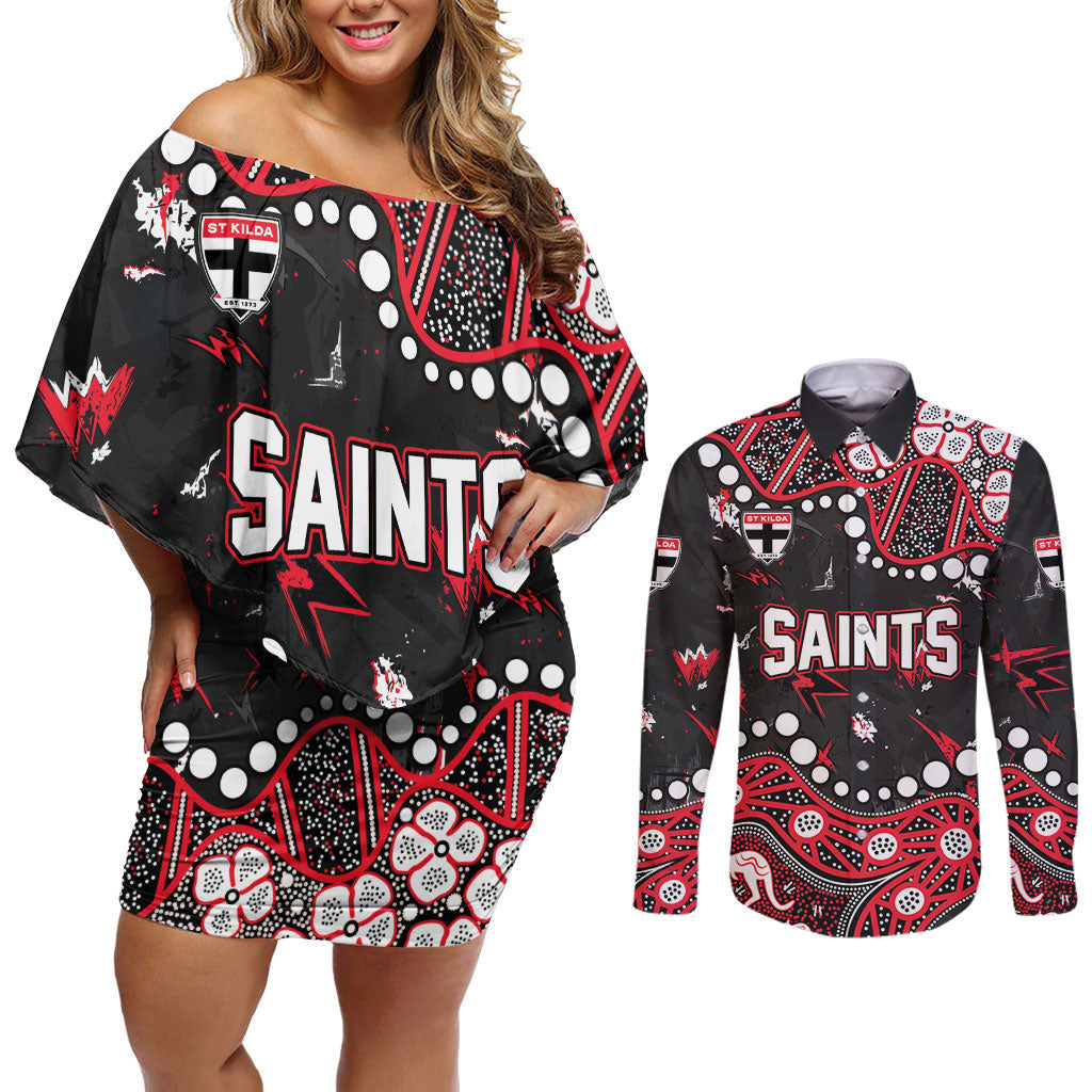 Personalized St Kilda Saints Couples Matching Off Shoulder Short Dress and Long Sleeve Button Shirt Aboriginal Pattern with Graffiti Style