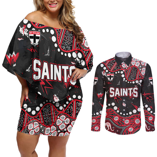 Personalized St Kilda Saints Couples Matching Off Shoulder Short Dress and Long Sleeve Button Shirt Aboriginal Pattern with Graffiti Style