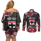 Personalized St Kilda Saints Couples Matching Off Shoulder Short Dress and Long Sleeve Button Shirt Aboriginal Pattern with Graffiti Style