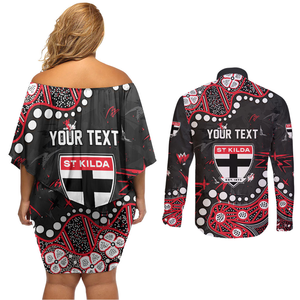 Personalized St Kilda Saints Couples Matching Off Shoulder Short Dress and Long Sleeve Button Shirt Aboriginal Pattern with Graffiti Style
