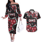 Personalized St Kilda Saints Couples Matching Off The Shoulder Long Sleeve Dress and Hawaiian Shirt Aboriginal Pattern with Graffiti Style