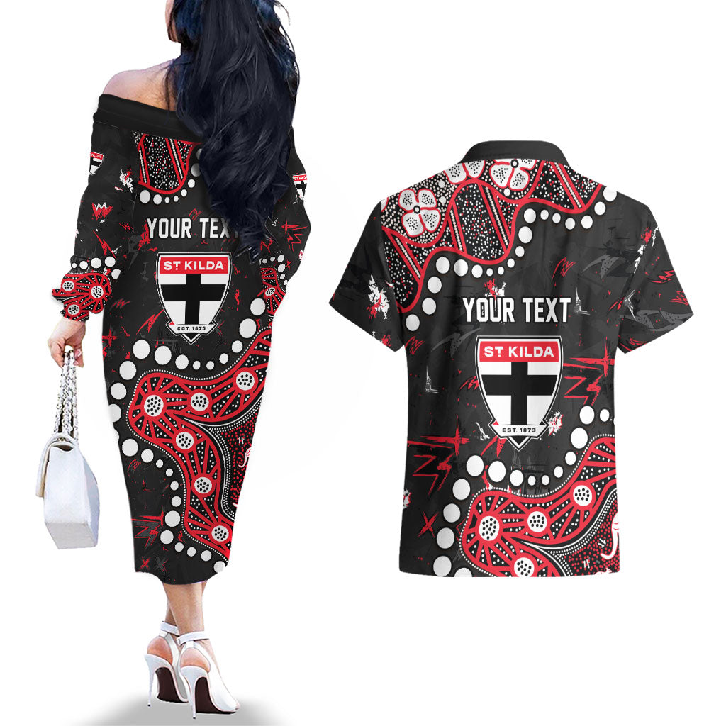 Personalized St Kilda Saints Couples Matching Off The Shoulder Long Sleeve Dress and Hawaiian Shirt Aboriginal Pattern with Graffiti Style
