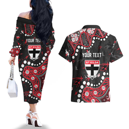 Personalized St Kilda Saints Couples Matching Off The Shoulder Long Sleeve Dress and Hawaiian Shirt Aboriginal Pattern with Graffiti Style