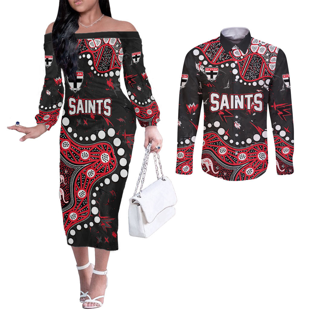 Personalized St Kilda Saints Couples Matching Off The Shoulder Long Sleeve Dress and Long Sleeve Button Shirt Aboriginal Pattern with Graffiti Style