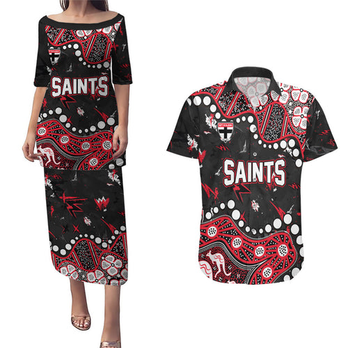 Personalized St Kilda Saints Couples Matching Puletasi and Hawaiian Shirt Aboriginal Pattern with Graffiti Style