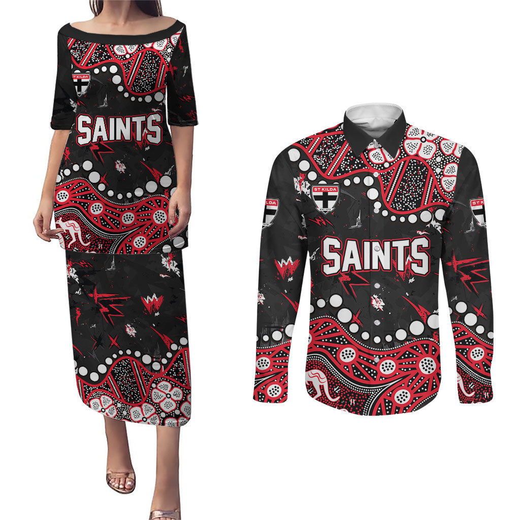 Personalized St Kilda Saints Couples Matching Puletasi and Long Sleeve Button Shirt Aboriginal Pattern with Graffiti Style