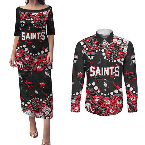 Personalized St Kilda Saints Couples Matching Puletasi and Long Sleeve Button Shirt Aboriginal Pattern with Graffiti Style