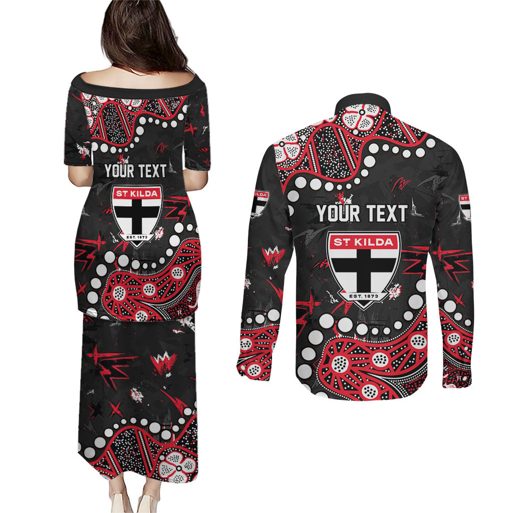 Personalized St Kilda Saints Couples Matching Puletasi and Long Sleeve Button Shirt Aboriginal Pattern with Graffiti Style