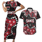 Personalized St Kilda Saints Couples Matching Short Sleeve Bodycon Dress and Hawaiian Shirt Aboriginal Pattern with Graffiti Style