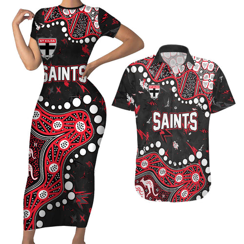 Personalized St Kilda Saints Couples Matching Short Sleeve Bodycon Dress and Hawaiian Shirt Aboriginal Pattern with Graffiti Style