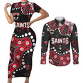 Personalized St Kilda Saints Couples Matching Short Sleeve Bodycon Dress and Long Sleeve Button Shirt Aboriginal Pattern with Graffiti Style