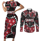 Personalized St Kilda Saints Couples Matching Short Sleeve Bodycon Dress and Long Sleeve Button Shirt Aboriginal Pattern with Graffiti Style