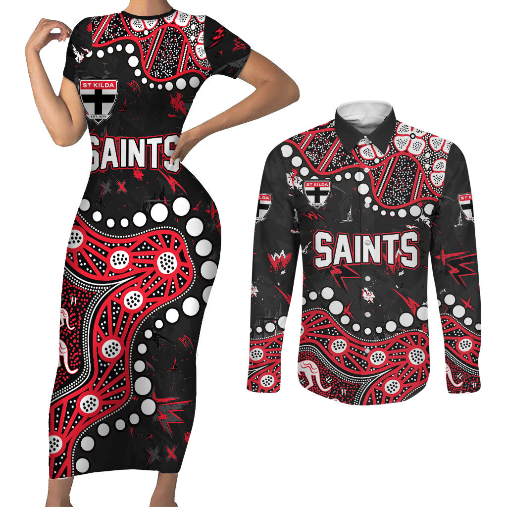 Personalized St Kilda Saints Couples Matching Short Sleeve Bodycon Dress and Long Sleeve Button Shirt Aboriginal Pattern with Graffiti Style