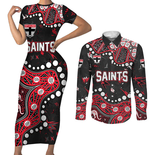 Personalized St Kilda Saints Couples Matching Short Sleeve Bodycon Dress and Long Sleeve Button Shirt Aboriginal Pattern with Graffiti Style