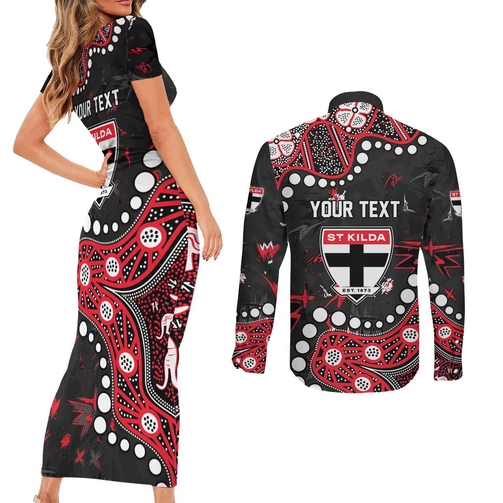 Personalized St Kilda Saints Couples Matching Short Sleeve Bodycon Dress and Long Sleeve Button Shirt Aboriginal Pattern with Graffiti Style