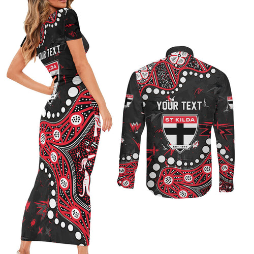 Personalized St Kilda Saints Couples Matching Short Sleeve Bodycon Dress and Long Sleeve Button Shirt Aboriginal Pattern with Graffiti Style