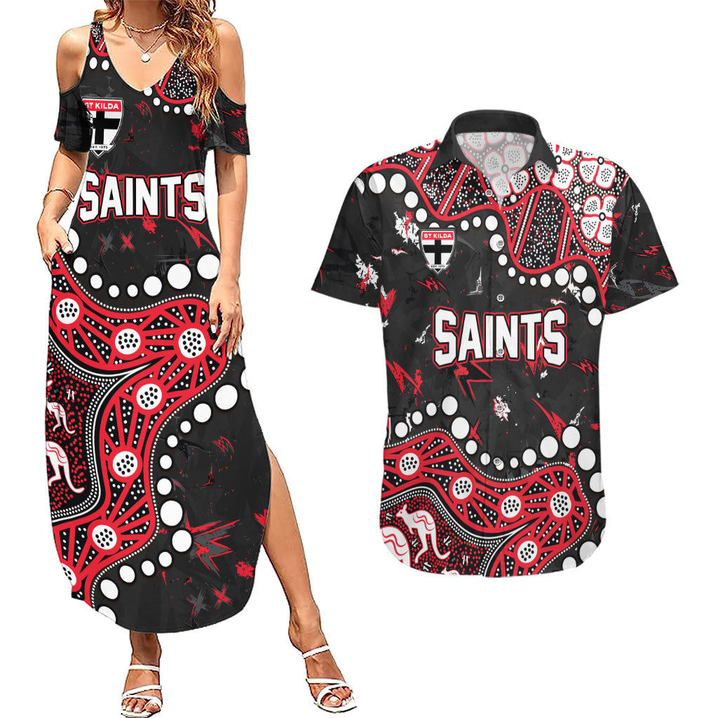 Personalized St Kilda Saints Couples Matching Summer Maxi Dress and Hawaiian Shirt Aboriginal Pattern with Graffiti Style