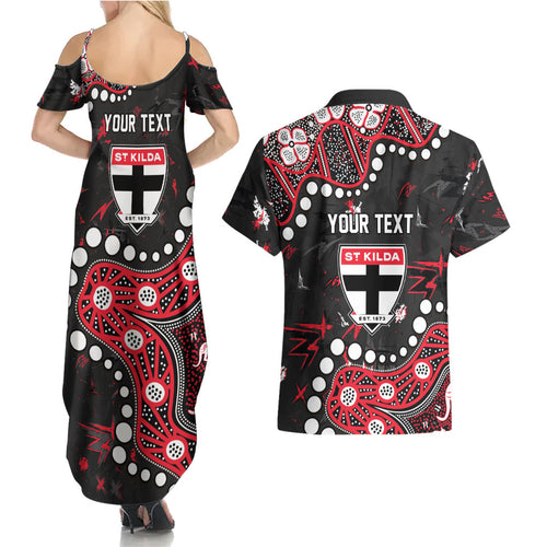 Personalized St Kilda Saints Couples Matching Summer Maxi Dress and Hawaiian Shirt Aboriginal Pattern with Graffiti Style