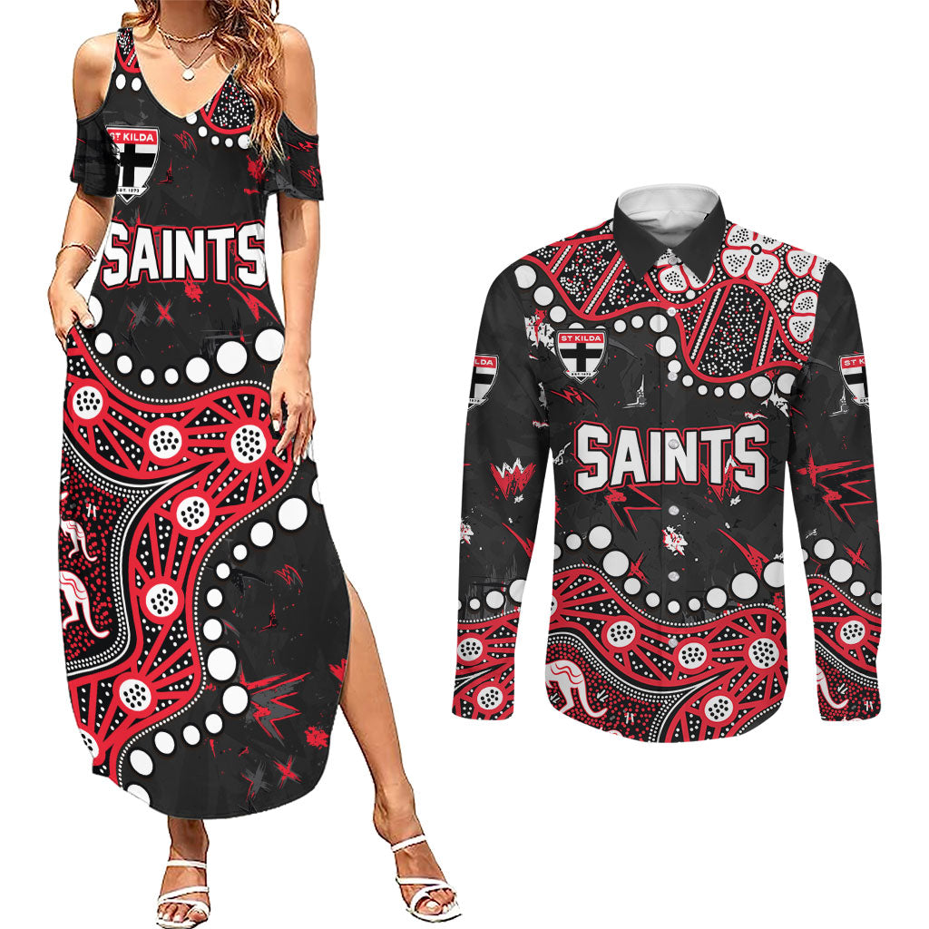 Personalized St Kilda Saints Couples Matching Summer Maxi Dress and Long Sleeve Button Shirt Aboriginal Pattern with Graffiti Style