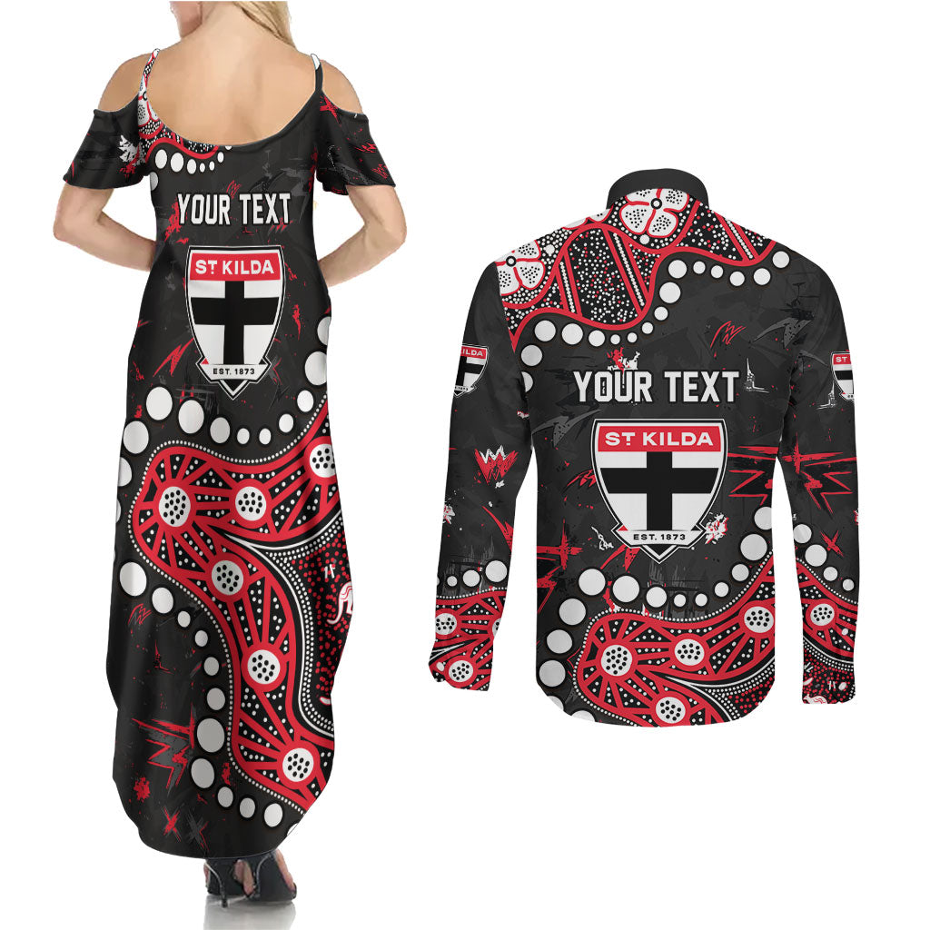 Personalized St Kilda Saints Couples Matching Summer Maxi Dress and Long Sleeve Button Shirt Aboriginal Pattern with Graffiti Style