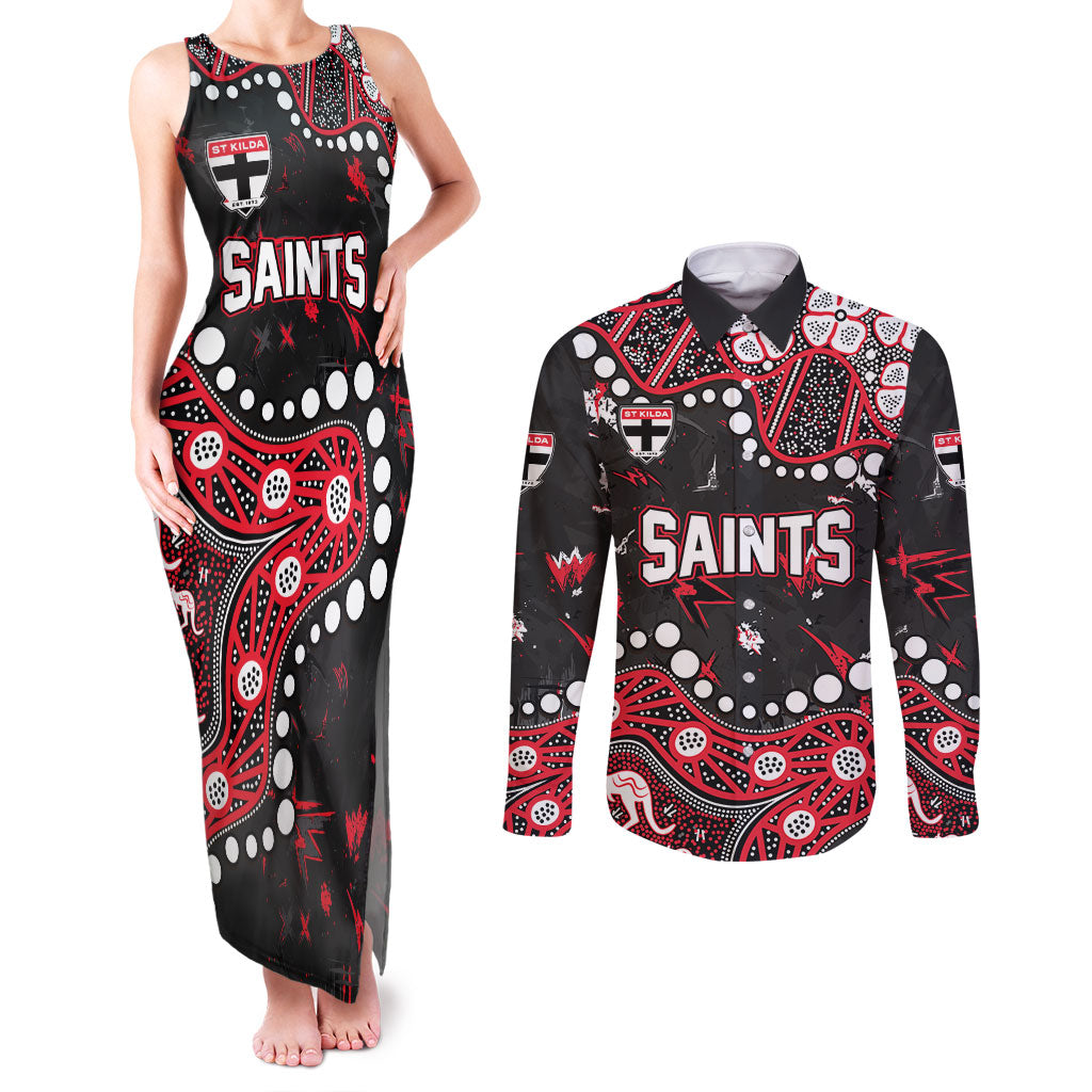 Personalized St Kilda Saints Couples Matching Tank Maxi Dress and Long Sleeve Button Shirt Aboriginal Pattern with Graffiti Style