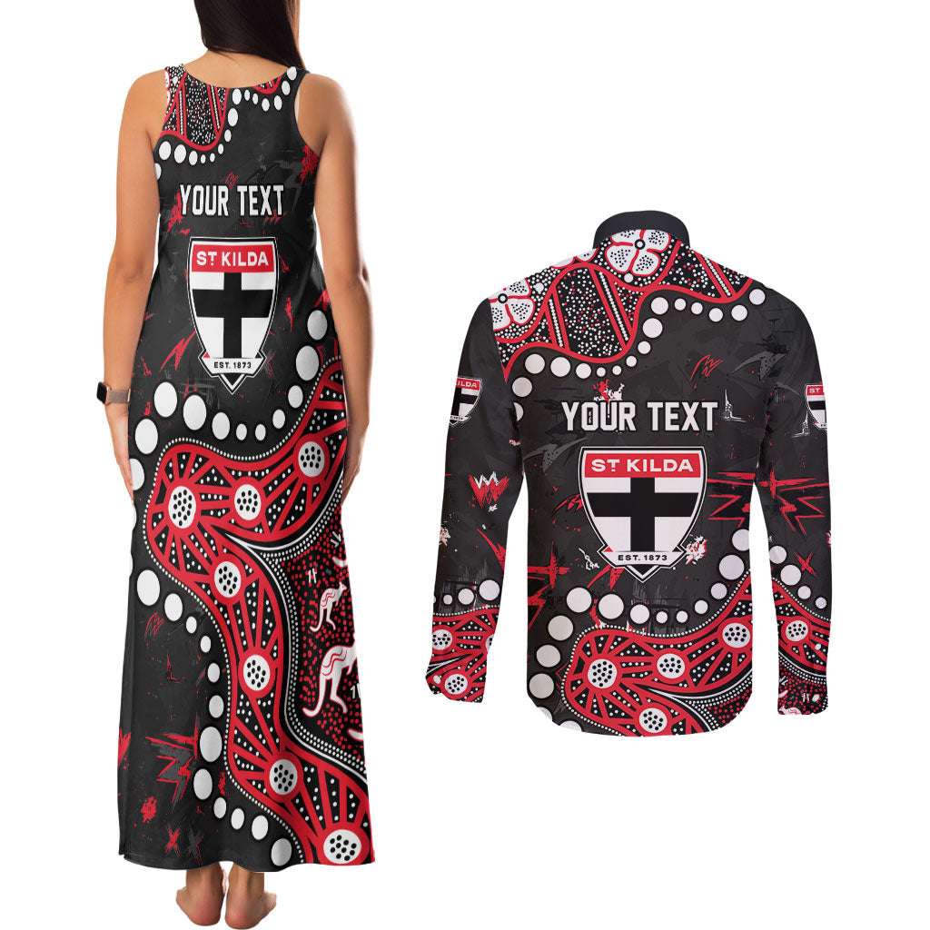 Personalized St Kilda Saints Couples Matching Tank Maxi Dress and Long Sleeve Button Shirt Aboriginal Pattern with Graffiti Style