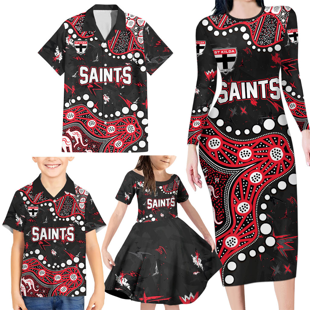 Personalized St Kilda Saints Family Matching Long Sleeve Bodycon Dress and Hawaiian Shirt Aboriginal Pattern with Graffiti Style