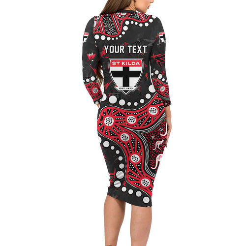 Personalized St Kilda Saints Family Matching Long Sleeve Bodycon Dress and Hawaiian Shirt Aboriginal Pattern with Graffiti Style