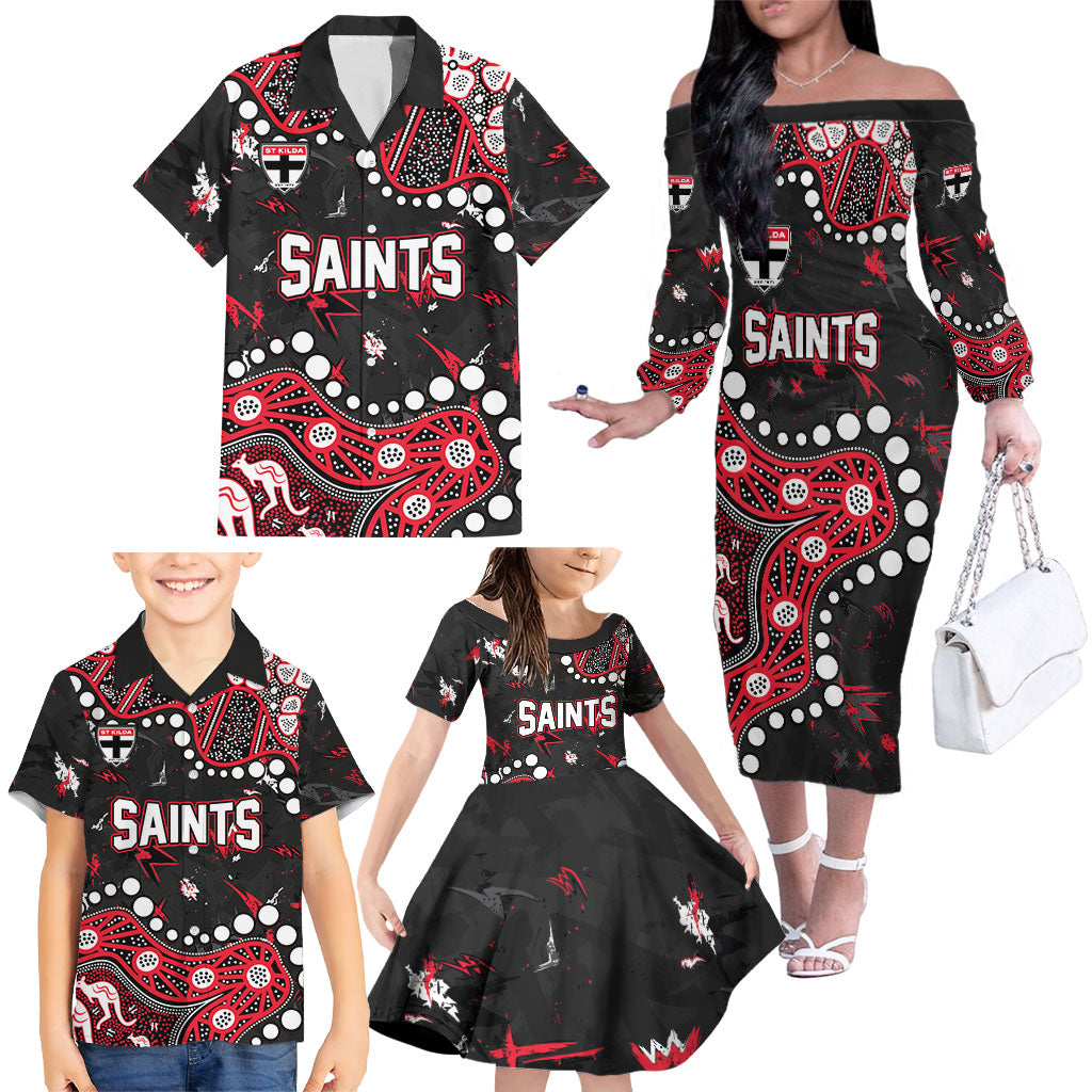 Personalized St Kilda Saints Family Matching Off The Shoulder Long Sleeve Dress and Hawaiian Shirt Aboriginal Pattern with Graffiti Style