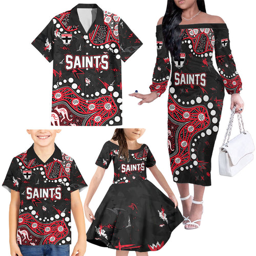 Personalized St Kilda Saints Family Matching Off The Shoulder Long Sleeve Dress and Hawaiian Shirt Aboriginal Pattern with Graffiti Style