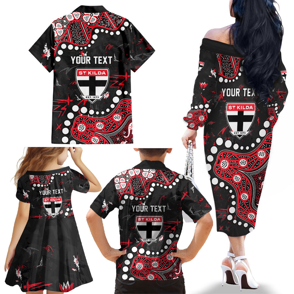 Personalized St Kilda Saints Family Matching Off The Shoulder Long Sleeve Dress and Hawaiian Shirt Aboriginal Pattern with Graffiti Style