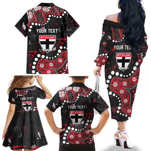 Personalized St Kilda Saints Family Matching Off The Shoulder Long Sleeve Dress and Hawaiian Shirt Aboriginal Pattern with Graffiti Style
