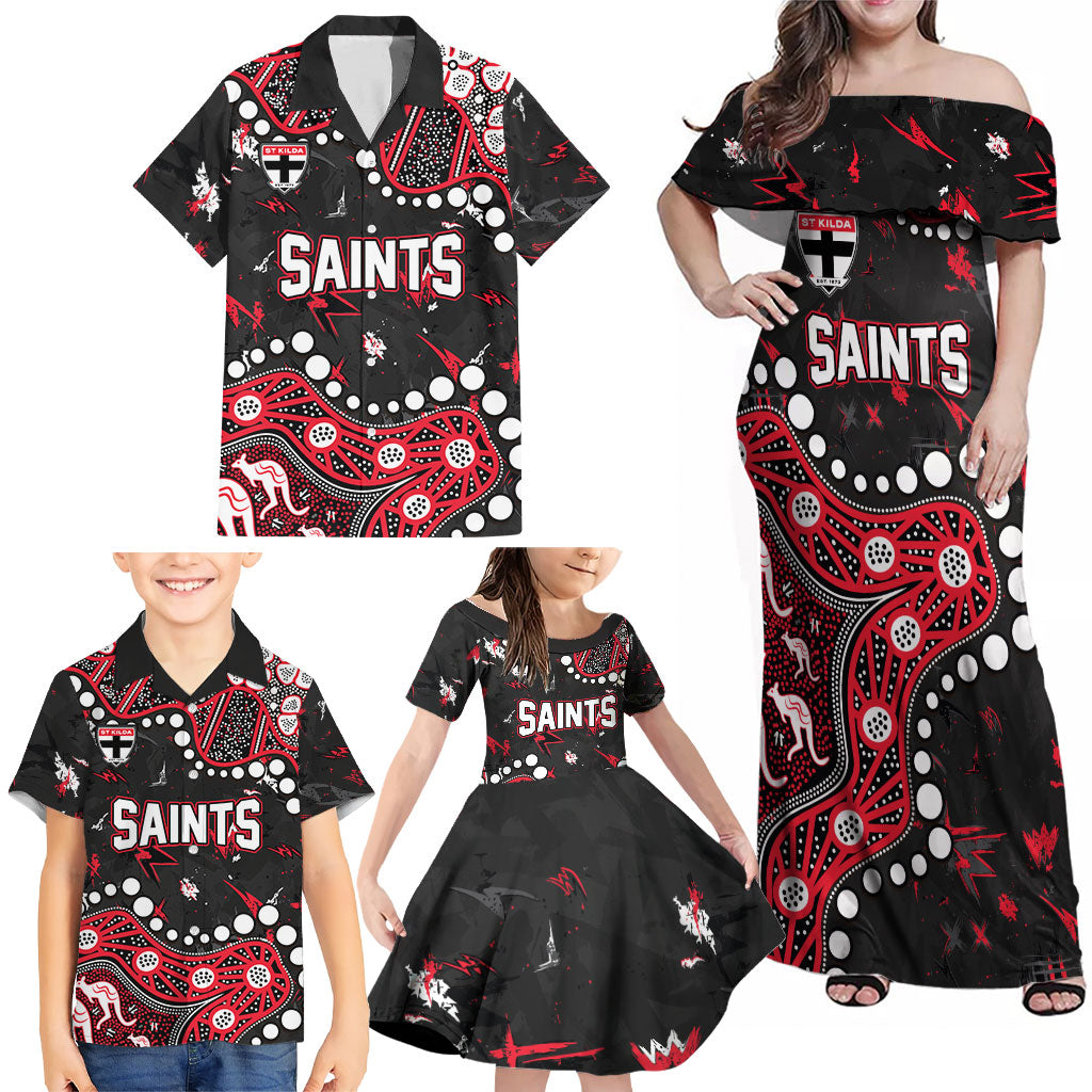 Personalized St Kilda Saints Family Matching Off Shoulder Maxi Dress and Hawaiian Shirt Aboriginal Pattern with Graffiti Style