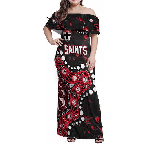 Personalized St Kilda Saints Family Matching Off Shoulder Maxi Dress and Hawaiian Shirt Aboriginal Pattern with Graffiti Style