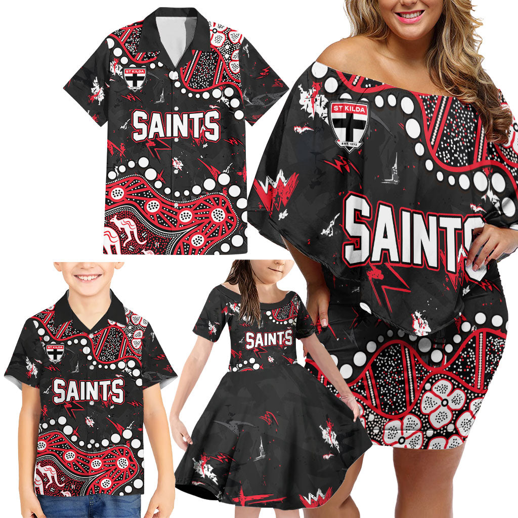 Personalized St Kilda Saints Family Matching Off Shoulder Short Dress and Hawaiian Shirt Aboriginal Pattern with Graffiti Style